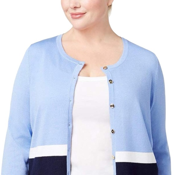 Karen Scott Women's Blue Plus Size Color Blocked Cardigan 3X Spring Lightweight - Picture 3 of 13